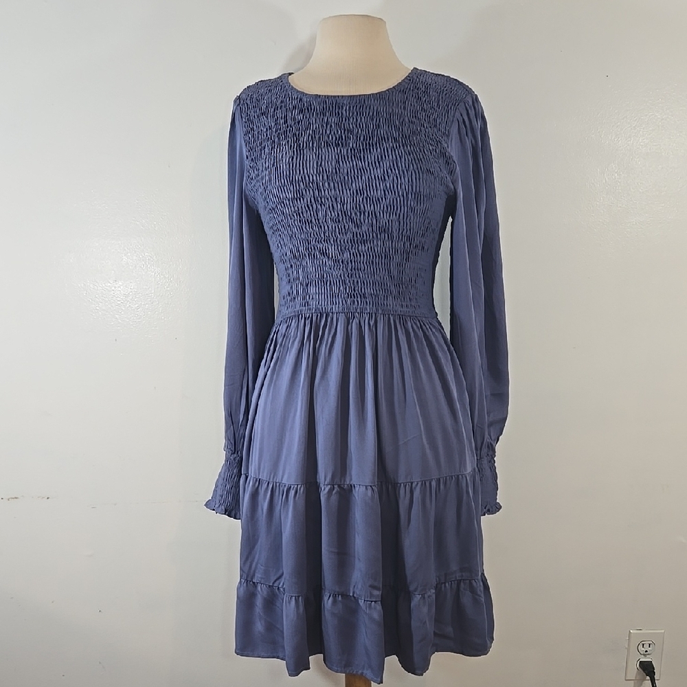 Merokeety Smocked Long Sleeve Flowy Blue Dress Large